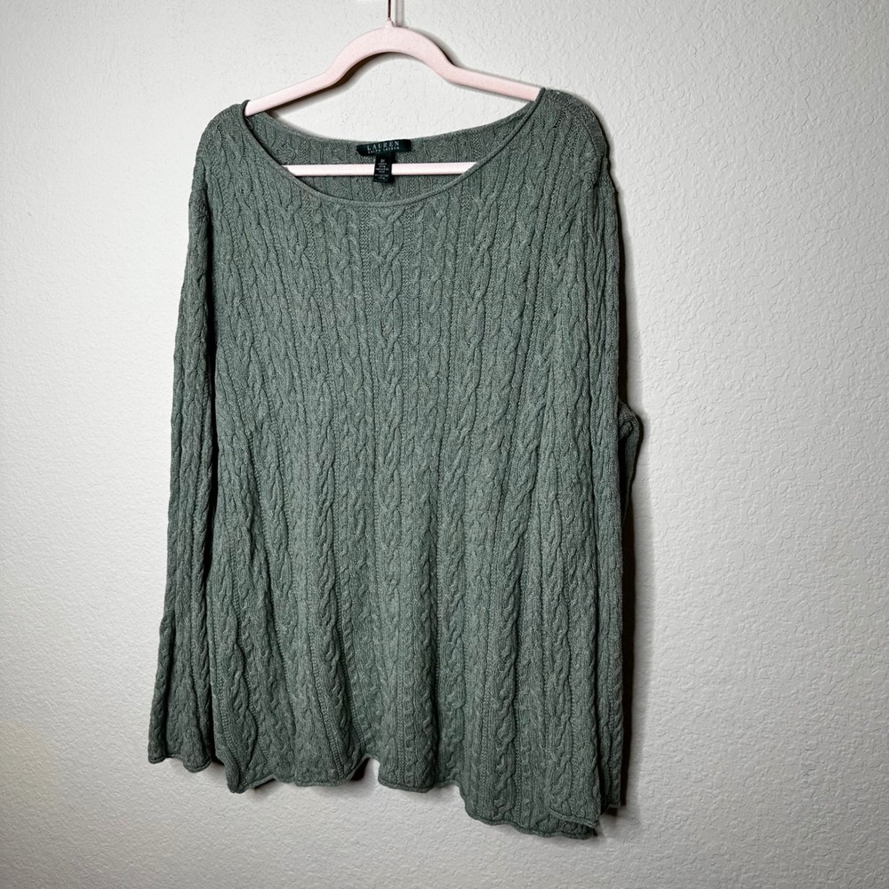 Lauren Ralph Lauren Green Cable Knit Cotton Boat Neck Sweater Plus Size 3X